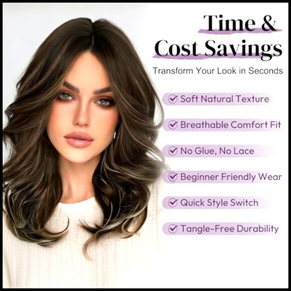 Short Wavy Synthetic Wig with Curtain Bangs Layered Shoulder Length Daily Wear
